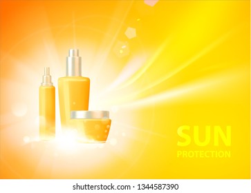 Sunscreen label design for your summer vacation. Skin care concept. UV Protection and whitening cream. Vector illustration.