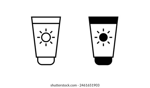 Conjunto de iconos de línea de protector solar Conjunto de iconos planos y línea de crema de bronceado, trazo editable aislado en blanco, ilustración lineal de contorno de Vector, estilo de diseño de logotipo de símbolo