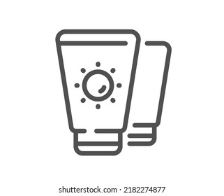Sunscreen line icon. Sun cream sign. Sunblock lotion symbol. Quality design element. Linear style sunscreen icon. Editable stroke. Vector