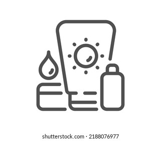 Sunscreen line icon. Sun cream sign. Sunblock lotion symbol. Quality design element. Linear style sunscreen icon. Editable stroke. Vector