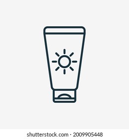 Sunscreen Line Icon. Sunblock Cream Linear Pictogram. Tanning Product for Protect of UV. Suntan Lotion Outline Icon. Editable Stroke. Isolated Vector Illustration.