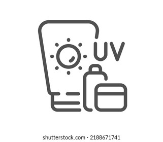 Icono de línea de pantalla solar. Señal de crema de sol Uv. Símbolo de loción de bloqueo de sol. Elemento de diseño de calidad. Icono de protector solar de estilo lineal. Trazo editable. Vector