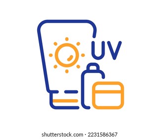 Sunscreen line icon. Uv Sun cream sign. Sunblock lotion symbol. Colorful thin line outline concept. Linear style sunscreen icon. Editable stroke. Vector