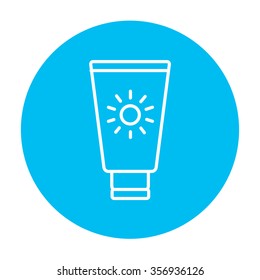 Sunscreen line icon for web, mobile and infographics. Vector white icon on the light blue circle isolated on white background.