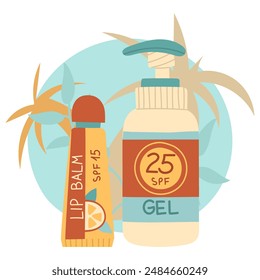 sunscreen lip balm and gel. Jars in a closed tube. Cosmetics. Face and lip care products. The icon of the jar with Spf aqua cream. A vector object in a flat style. Tropical leaves. An isolated object
