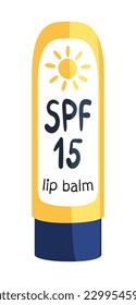 Sonnenschutzbalsam mit SPF 15. Sonnenschutzmittel. Sommer-Hautpflege und Schutzkonzept. Flache Cartoon, Vektorgrafik einzeln auf weißem Hintergrund 