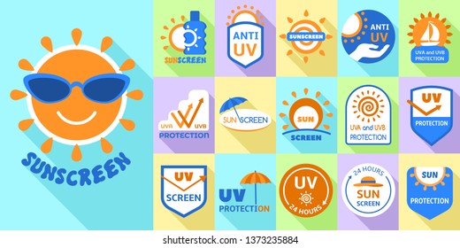 Sunscreen logo set. Flat set of sunscreen vector logo for web design