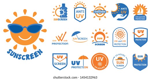 Sunscreen logo set. Flat set of sunscreen vector logo for web design