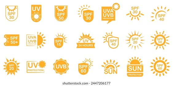 Sunscreen logo set. Spf icon set. spf isolated logo collection