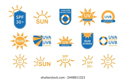 Sunscreen Logo Set. SPF Icon Set. SPF isolated Logo Collection. Vector graphics