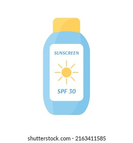 Sunscreen lotion bottle isolated. Summer skin care product. UV protection cream in cosmetic package. Safe tanning concept. Flat vector illustration.