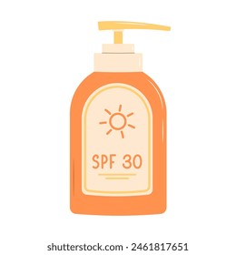 Sunscreen lotion in bottle. SPF 30. Flat vector illustration isolated on white background