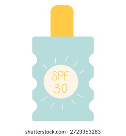 Botella de loción solar con SPF 30 y símbolo de rayos solares. Cosmético de protección de la piel de verano. Diseño plano moderno con elemento dibujado a mano perfecto para infografías, blogs de salud y redes sociales.