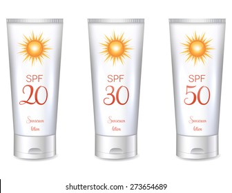 Sunscreen lotion bottles SPF, from lower till very high protection.