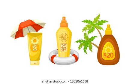 Sunscreen Lotion Bottles with Sun Filter and Beach Elements Vector Set