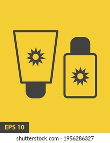 Sunscreen lotion bottles. UV protection equipment for happy holidays