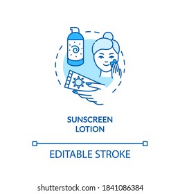 Sunscreen lotion concept icon. Sun protection lotion. SPF moisturizers for sunbathing. Sunburn cream idea thin line illustration. Vector isolated outline RGB color drawing. Editable stroke