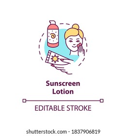 Sunscreen lotion concept icon. Sunblock. SPF moisturizers. Sun protection lotion. Sunburn cream idea thin line illustration. Vector isolated outline RGB color drawing. Editable stroke