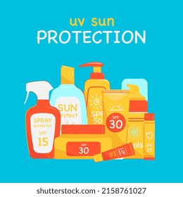 Loción de pantalla solar, conjunto cosmético con SPF en bolsa cosmética. Pancarta de productos de protección ultravioleta de vacaciones de verano.