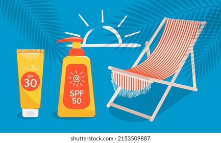 Sunscreen lotion, cosmetics with SPF. Summer vacation protection products banner.	