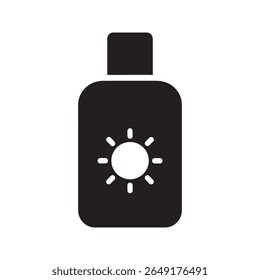 Sunscreen lotion icon with a sun symbol on a dispenser bottle for sunblock skincare product and UV protection during summer holidays vector solid glyph icon