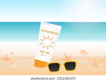 Sunscreen Lotion on Beach. Summer Beach Background. Vacation or Holiday Background. Vector Illustration. 