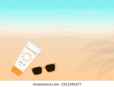 Sunscreen Lotion on Beach. Summer Beach Background. Vacation or Holiday Background. Vector Illustration. 