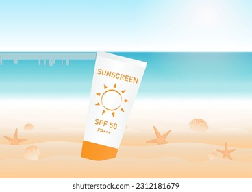 Sunscreen Lotion on Beach. Summer Beach Background. Vacation or Holiday Background. Vector Illustration. 