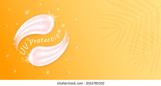 Sunscreen lotion skin protection. Cream or body solution serum Vitamins, UV Protection. Natural cosmetics smudge lotion for face or body. Empty place for text on orange background. Vector EPS10.