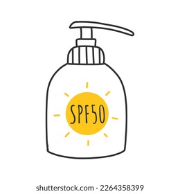 Pantalla solar, loción con SPF. Protección contra el sol y seguridad solar. Pantalla solar, loción con SPF. Protección solar y protección solar. La ubicación del protector solar está aislada. ilustración vectorial dibujada a mano.Estilo doodle.
