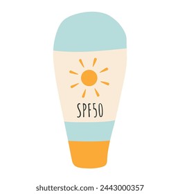 Sunscreen, lotion with SPF. Sun protection and sun safety. Sunscreen, lotion with SPF. Sunscreen lotion isolated. hand drawn vector illustration. Flat style.
