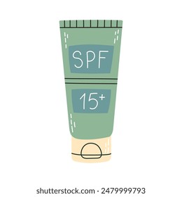 Sunscreen and lotion with SPF. Sun protection and sun safety. Sunscreen, serum, balm, lotion with SPF. Sunscreen lotion isolated on white background.
