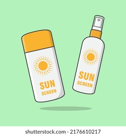Sunscreen Lotion And Sunscreen Spray Cartoon Vector Illustration. Sun Protection Cosmetic Product Flat Icon Outline. Sunblock Or Skincare