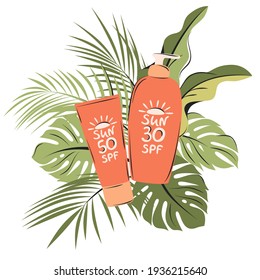 El protector solar y la loción rodean las hojas tropicales. Dibujo manual de la inscripción SUN SPF 30 y 50. Protección UV, prevención del envejecimiento de la piel.  Ilustración vectorial.