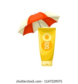 Sunscreen lotion tube and beach umbrella. Skin care and health theme. Flat vector for advertising flyer or poster of cosmetic product