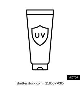 Sunscreen lotion, UV protection cream, SPF, Sun Protection Factor vector icon in line style design for website, app, UI, isolated on white background. Editable stroke. EPS 10 vector illustration.