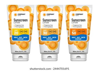 Sonnenschutzmittel-Lotion Vektorgrafik Produktlabel-Set