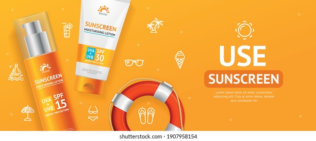 Sunscreen Moisturizer Lotion Cream Concept Banner Card Advertising Horizontal with Realistic Detailed 3d Elements. Vector illustration