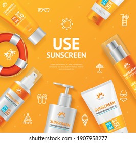 Tarjeta de Banner Sunscreen Moisturizer Lotion Cream Concept con elementos 3d detallados realistas en una naranja. Ilustración del vector