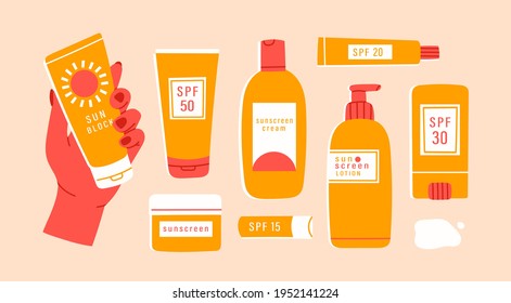 Sunscreen Moisturizer, Lotion, lipstick, sunscreen, various bottles, spray and tube. Sunblock, skin protection and UV rays blocking concept. Hand drawn Vector illustration. All elements are isolated