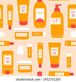 Sunscreen Moisturizer, Lotion, lipstick, sunscreen, various bottles, spray and tube. Sunblock, skin protection and UV rays blocking concept. Hand drawn Vector seamless Pattern. Background, wallpaper