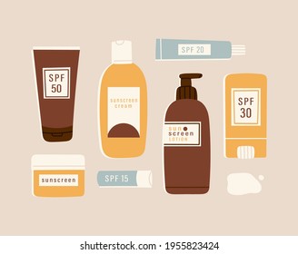 Sunscreen Moisturizer, Lotion, lipstick, sunscreen, various bottles, spray and tubes. Sunblock, skin protection and UV rays blocking concept. Hand drawn Vector illustration. All elements are isolated