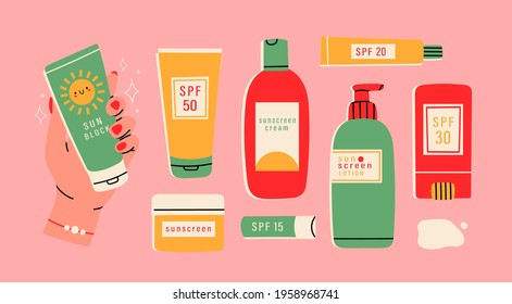 Sunscreen Moisturizer, Lotion, lipstick, sunscreen, various bottles, spray and tubes. Sunblock, skin protection and UV rays blocking concept. Hand drawn Vector illustrations. All elements are isolated