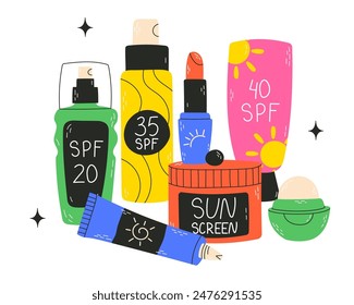 Sunscreen Moisturizer, Lotion, lipstick, sunscreen, various bottles, spray and tube. Sunblock, skin protection and UV rays blocking concept. Hand drawn Vector illustration. All elements are isolated