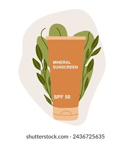 Sunscreen on the ground of tropical leaves. Tube= with inscription SPF50. Skincear, UV protection. Vector illustration in flat style.