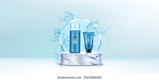 Sunscreen on marble podium with water splash and glass morphism decoration on blue background. Vector realistic illustration of stone product presentation platform, cosmetic bottle and tube mockups