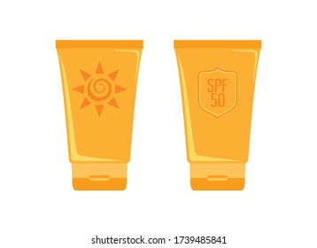 Sunscreen orange tube icon set vector. Orange tube of sunscreen icon isolated on a white background. Sunscreen with sun symbol vector