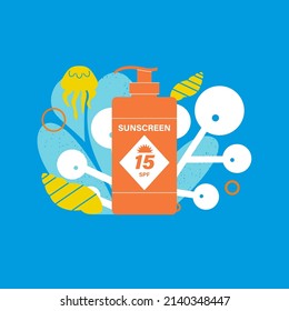 Sunscreen package with  background of coral and ocean waves. Sun protection SPF 15. Moisturizes and protects the skin from ultraviolet light. Body care in the summer on summer vacation. Vector