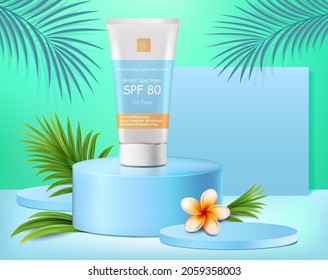 Sunscreen packaging tube on round display podium, paper cut exotic leaves, vector illustration. Tropical floral background for sunburn protection cream. Summer beauty and cosmetic product ads template