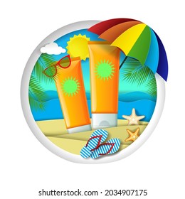 Sunscreen packaging tubes, paper cut exotic beach background, parasol, flip flops, glasses in round frame, vector illustration. Sunburn protection cream, summer beauty cosmetic product ads template.